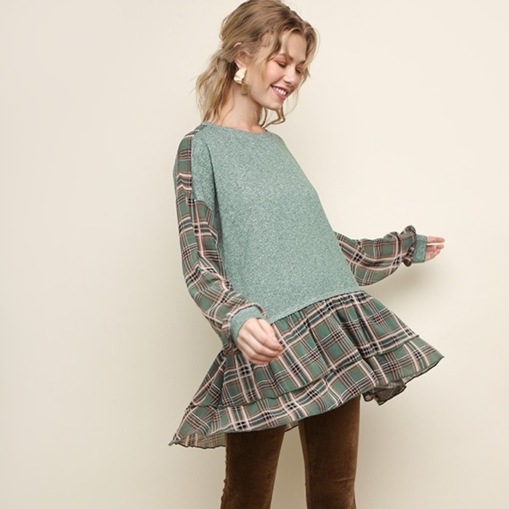 UMGEE Long Sleeve Plaid Fabric and Heathered Knit